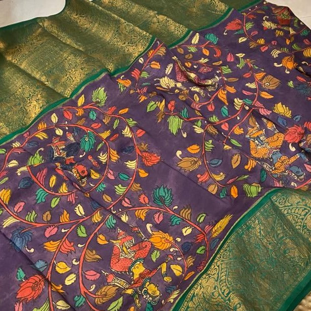 Pure banaras moonga kalamkari....with beautiful Kanchi border sarees | Pure  products, Party sarees, Beautiful